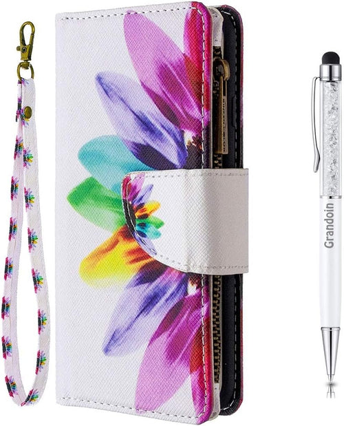 Grandoin Case for Xiaomi Redmi Note 9 PRO/Note 9S, Creative Colourful Retro Zipper Flip Case Leather Wallet Magnetic Stand Cover Protective Case (Sunflower)