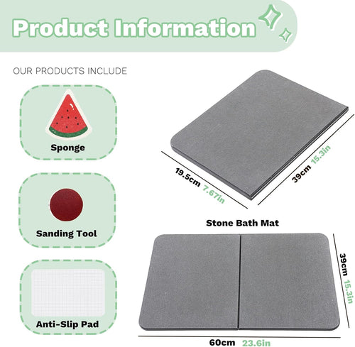 Stone Bath Mat, Natural Diatomaceous Earth Bath Mat, Non Slip Super Absorbent Quick Drying Diatomite Mat for Bathroom, Bathtub, Kitchen Counter, Both Sides Available with Cleaning Tool (Dark Gray)