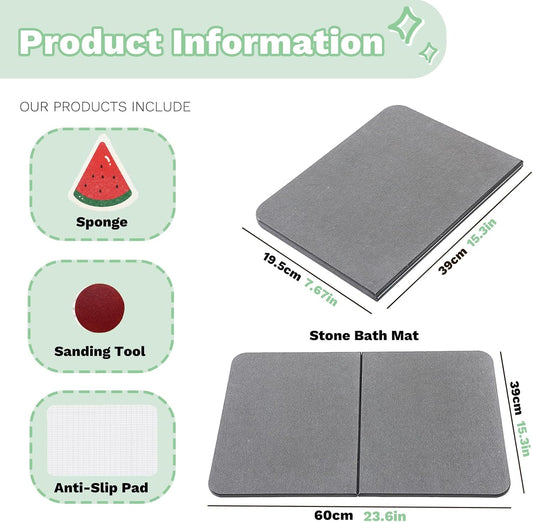 Stone Bath Mat, Natural Diatomaceous Earth Bath Mat, Non Slip Super Absorbent Quick Drying Diatomite Mat for Bathroom, Bathtub, Kitchen Counter, Both Sides Available with Cleaning Tool (Dark Gray)