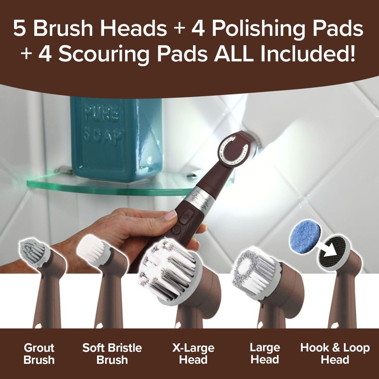Horsepower Pocket Pony, AS-SEEN-ON-TV, Waterproof, Cordless, Pocket-Sized, Oscillating Power Scrubber, Deep Clean, Tight Spaces, Rechargeable, Grout Lines, Corners & Detailing, 5 Brush Heads & LED