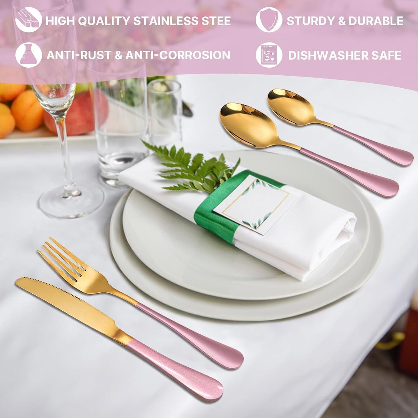 24 Piece Flatware Set, Stainless Steel Cutlery Set with Silverware Holder, Spoons, Forks, and Knives, Utensil Set Service for 6, Gold Mirror Polished and Matte Pink Painted (Pink)