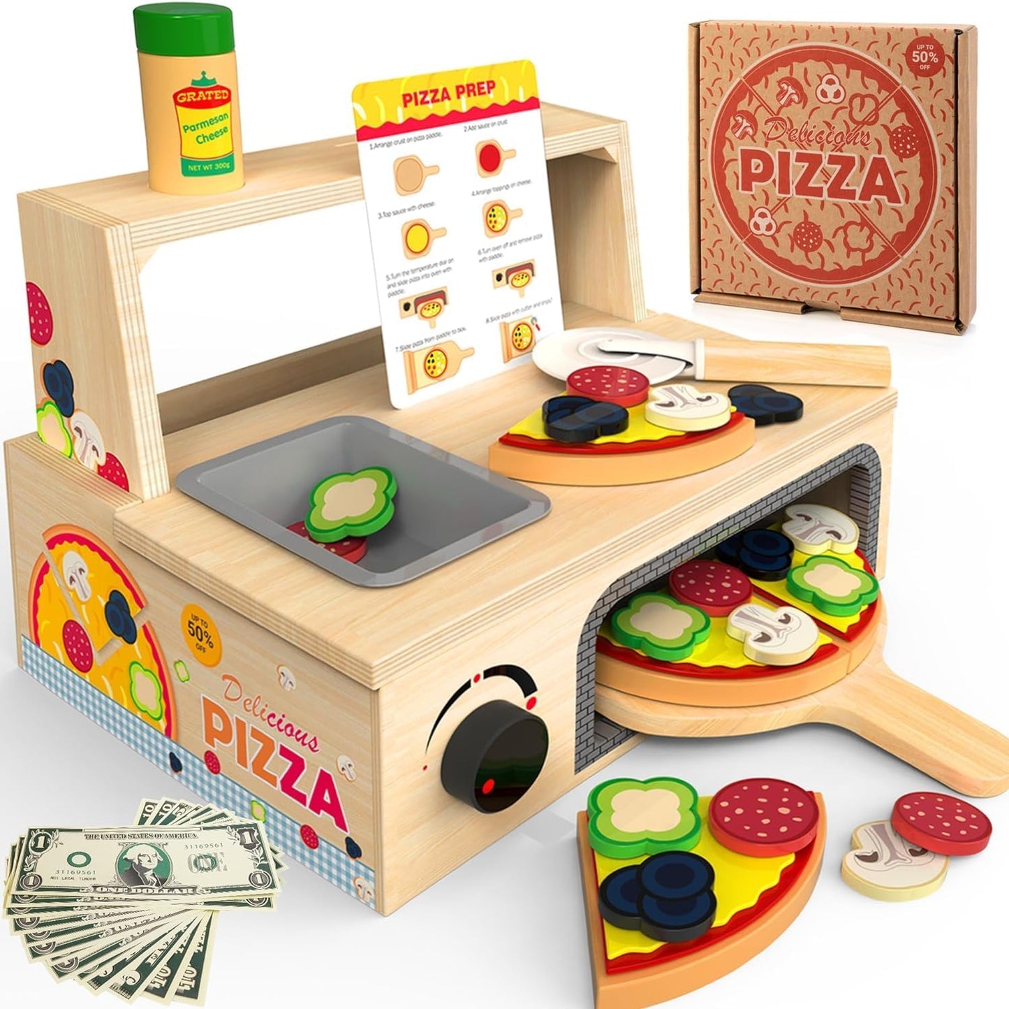 HELLOWOOD Wooden Pizza Counter Play Set Top & Bake Toy Set with Pizza Cutter 49 PCS Pretend Play Food Kitchen Set for Preschoolers Kids Boys Girls Ages 3+…