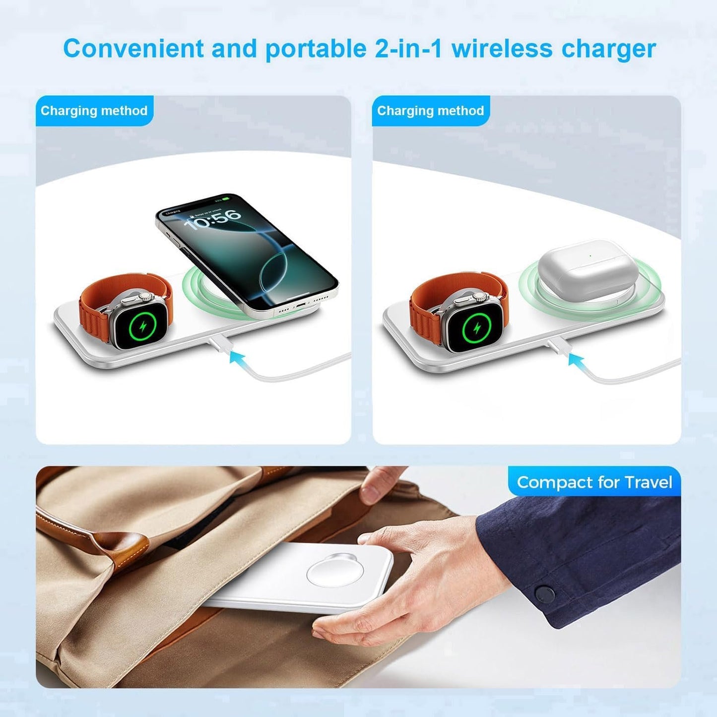 2 in 1 Wireless Charger Wireless Charging Pad Compatible with iPhone 16 15 14 13 12 11 XS XR X Series,Apple Watch 10/Ultra 2/9/Ultra/8/SE2/7/6/SE/5/4/3/2,Airpods4/3/Pro,Galaxy S Note Z Buds Series