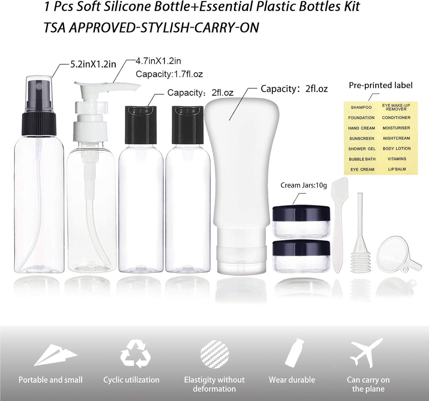 Travel Bottles Containers, TSA Approved Travel Size Toiletry Bottles Set with Toiletry Bag with Leak-Proof Travel Accessories for Liquids,Carry-On Luggage for Women/Men Clear+2oz