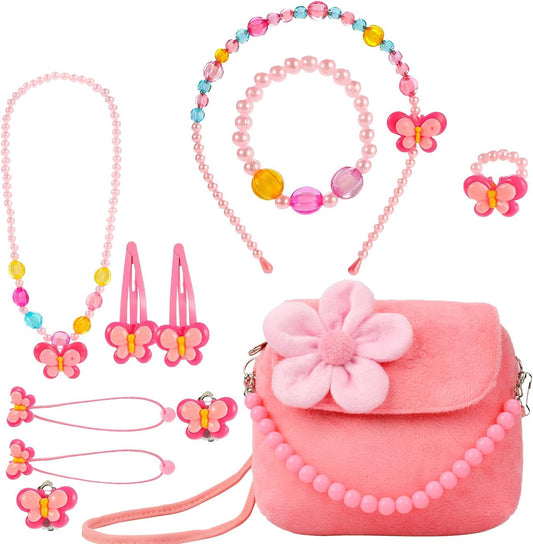 BIQIQI Kids Jewelry Set Little Girls Plush Purses with Necklace Bracelet Ring and Earring Jewelry Set Cute Handbag My First Purse for Little Girls Dress up and Pretend Role Play
