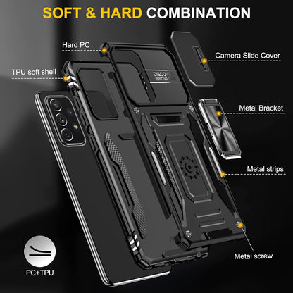 Ylzhe for Samsung Galaxy A52 5G/4G Case with Slide Camera Cover 360° Kickstand Ring Holder,Heavy Duty Protective Shockproof Phone Back Military Grade Protective Cover for Galaxy A52 5G/4G Black