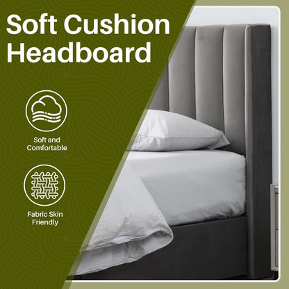 YUHUASHI Upholstered Queen-Size Platform Bed Frame with 4 Storage Drawers and Headboard, Velvet Upholstery with Wooden Slats Support, No Box Spring Required (Grey, Queen)