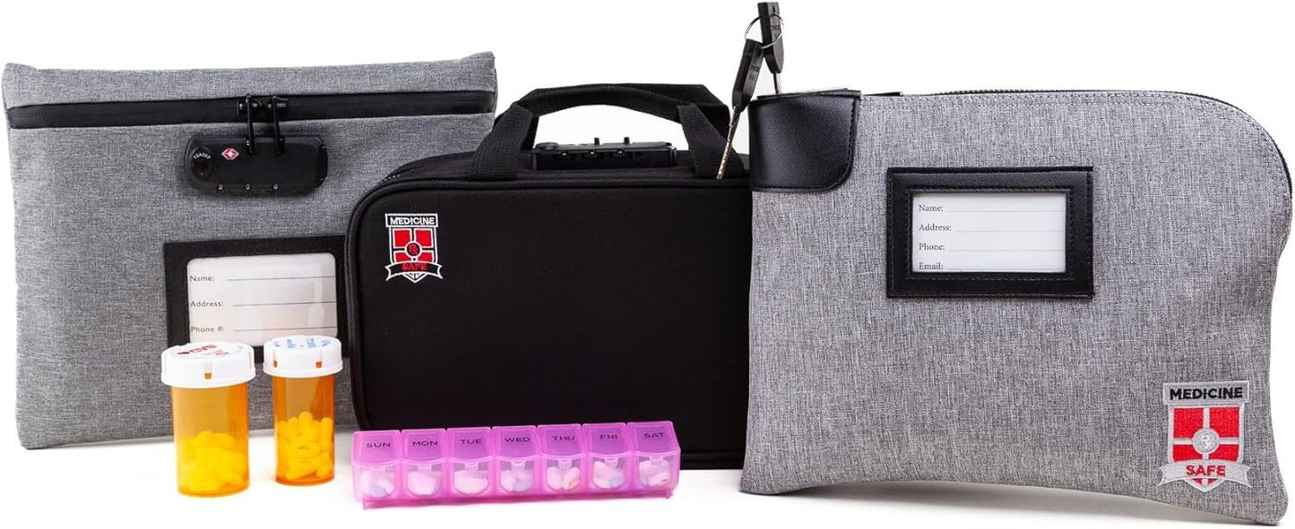 Medicine Safe MTB-1 TSA Approved Locking Toiletry Organizer and Medication Travel Bag for Men and Women, Small Carry On, Non-Hanging, Black with Logo, 10.2 x 7.5 x 1.6 inches