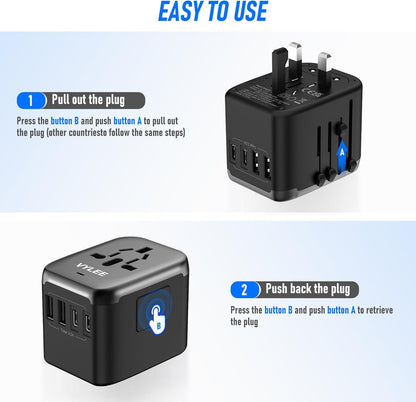 VYLEE Universal International Power Travel Plug Adapter, 5 in 1 European Travel Plug Adapter W/ 3.5A 2xUSB-A and 2xUSB C Wall Charger and Worldwide AC Outlet for Europe USA UK AUS Asia (Black Grey)