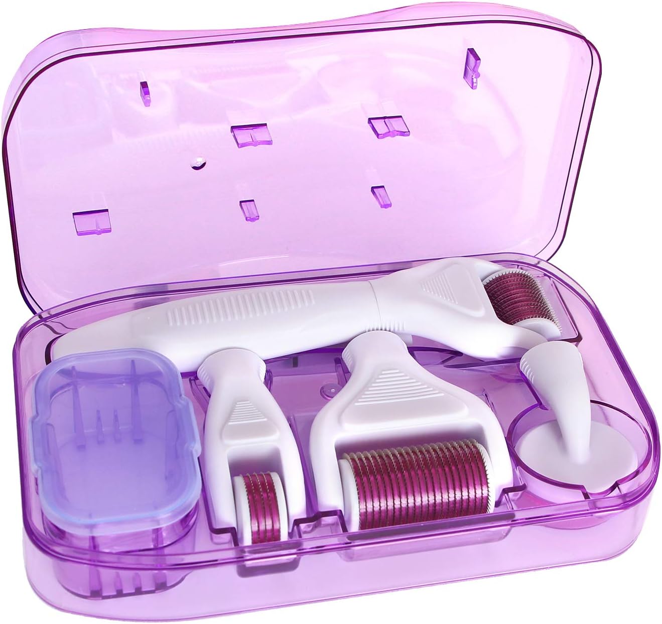 6 In 1 Derma Roller kit, Cosmetic Micro-Needling Instrument Skin Care Tool for Stretch Marks Wrinkles Acne Scars Hair Loss Regrowth with 4 Titanium Needle Heads Silicone Brush and Disinfecting Tray