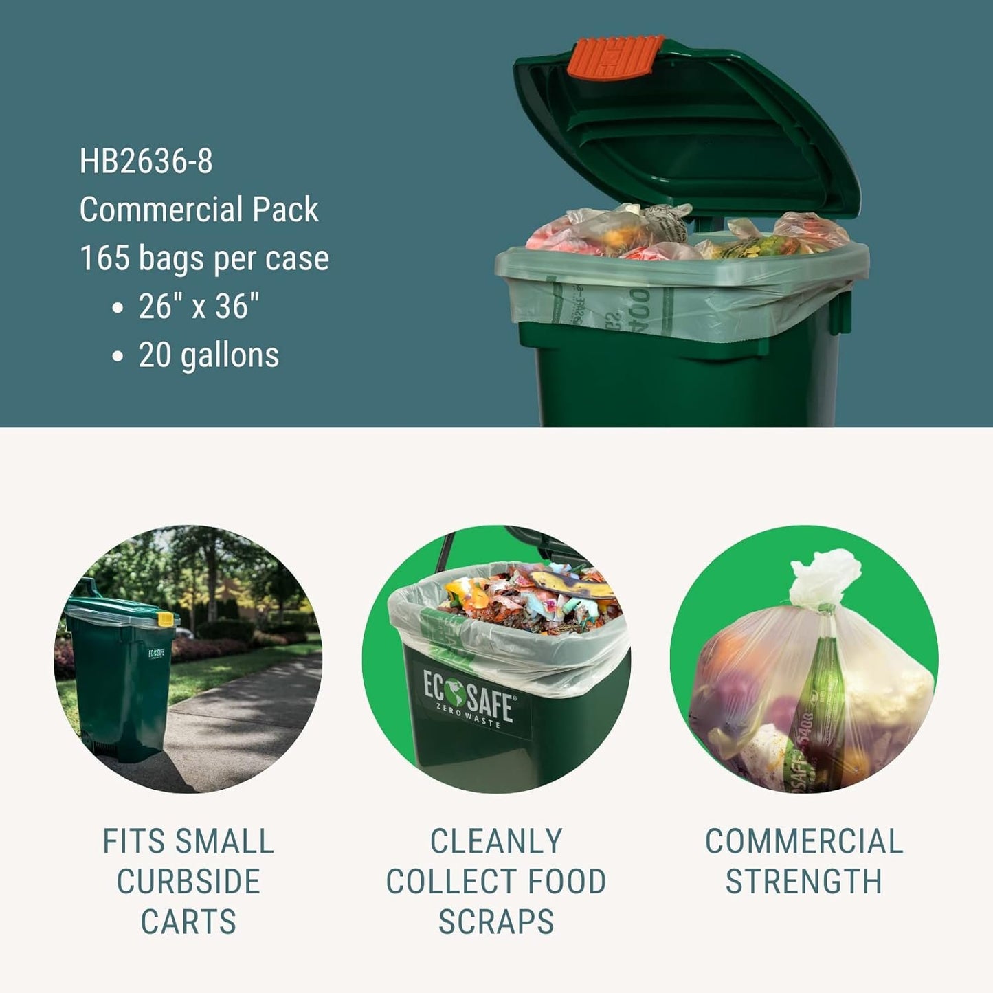 EcoSafe-6400 HB2636-8 Certified Compostable Bag - 26x36" Green Bags for 20 Gallon Bin - Extra Strong Leak, Puncture and Tear Resistant Food Scraps Bin Liners, Pack of 165
