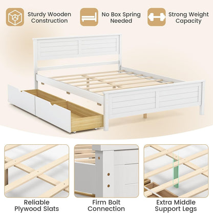 DORTALA Full Wood Bed Frame with 2 Drawers, Modern Platform Bed with Solid Wood Headboard & Footboard, Wooden Slats Support Mattress Foundation, No Box Spring Needed, Easy Assembly, White