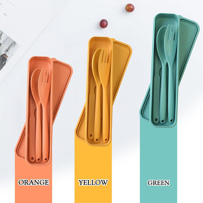 Large Travel Cutlery Set with Case, Portable Camping Utensils Reusable Plastic Knife Spoon and Fork Set, 3 Sets Travel Utensil Set for Lunch Box, Work, Picnic (Orange, Yellow, Dark Green)