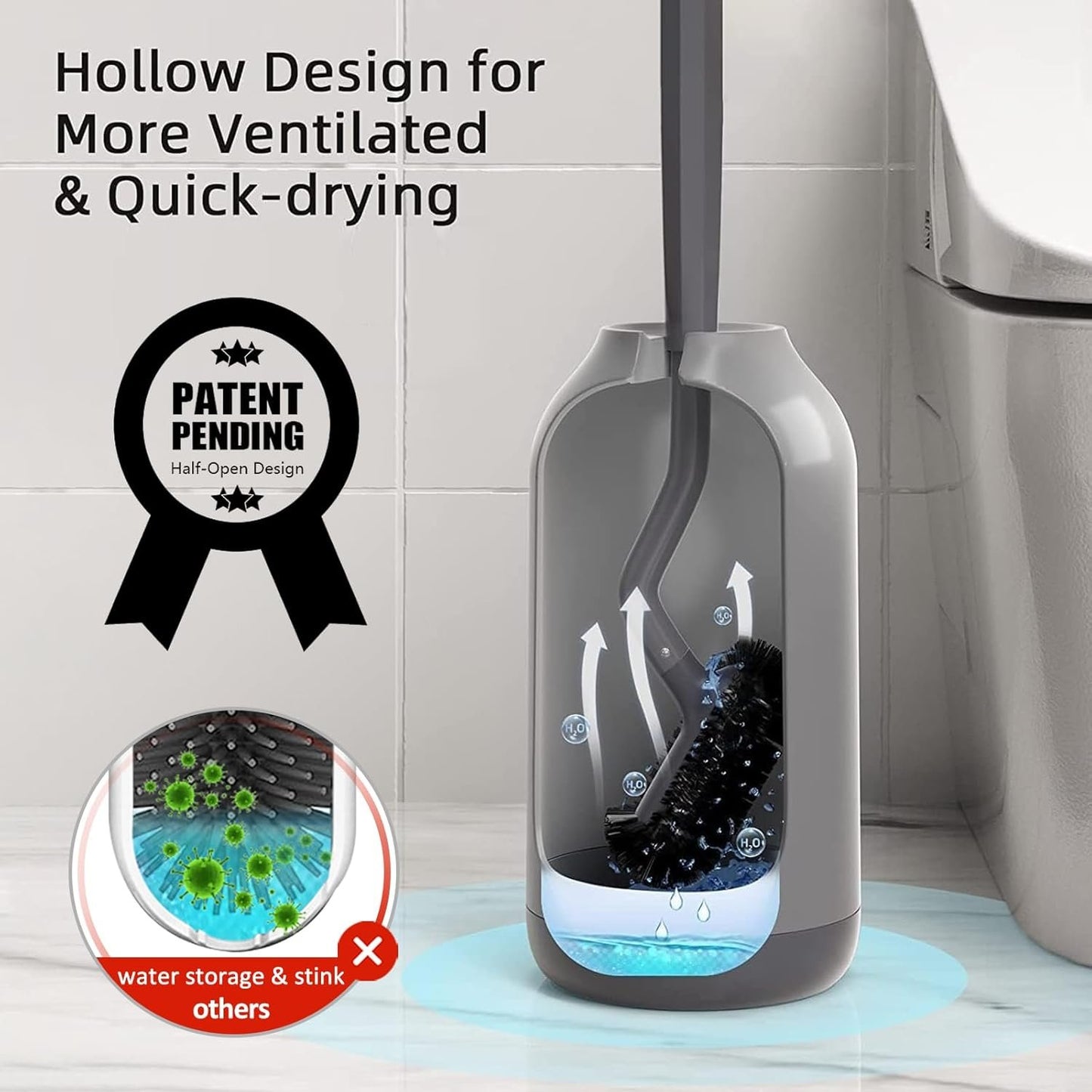 HAMITOR Toilet Brush and Holder Set: Curved Design Bathroom Toilet Bowl Cleaner Brush for Deep Cleaning Under Rim- Flexible Bristles Toilet Scrubber with Long Handle- Modern Travel RV Tools- Gray