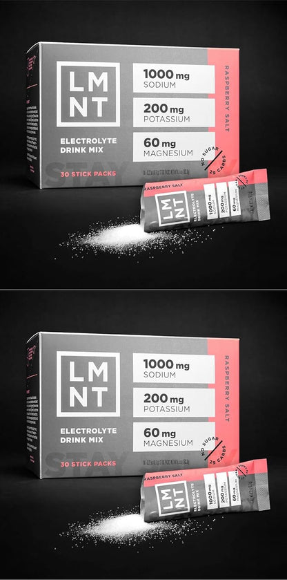 LMNT Zero Sugar Electrolytes - Raspberry Salt | Drink Mix | 30 Count, Pack of 2 (60 Sticks)