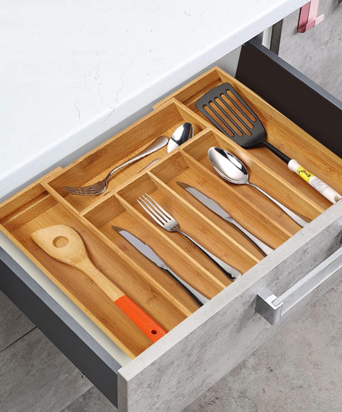 SafeHouseware Bamboo Expandable Cutlery Organizer Tray: Holds Silverware, Flatware, Utensils, Cutlery, Accessories or Gadgets Size:11.5" - 18" W X 15"d X 2" H