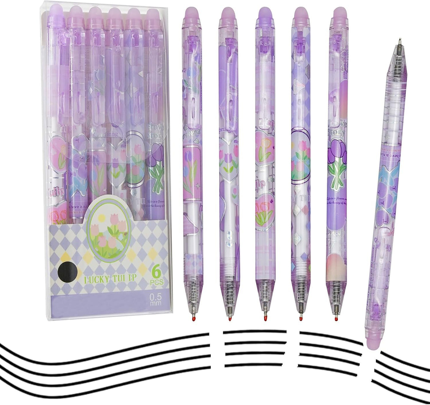 Maydahui 12PCS Erasable Cute Bling Tulip Gel Pens Retractable Romantic Purple Tulip Flower Print Pens Black Ink For Girls Women Home School Office Stationery Store