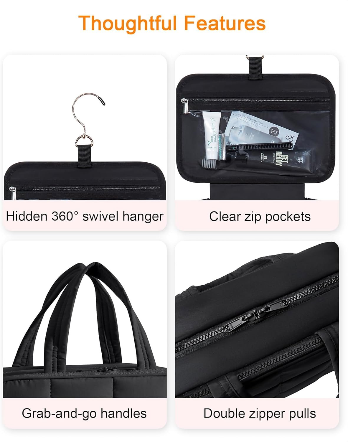 Ruiyuan Travel Toiletry Bag with Jewelry Organizer 12.2 x 4.7 x 9.1in Double Sided Hanging Toiletry Bag Travel Makeup Bag for Toiletries Carry-on Cosmetic Bags Accessories Soft Nylon Fabric (Black)