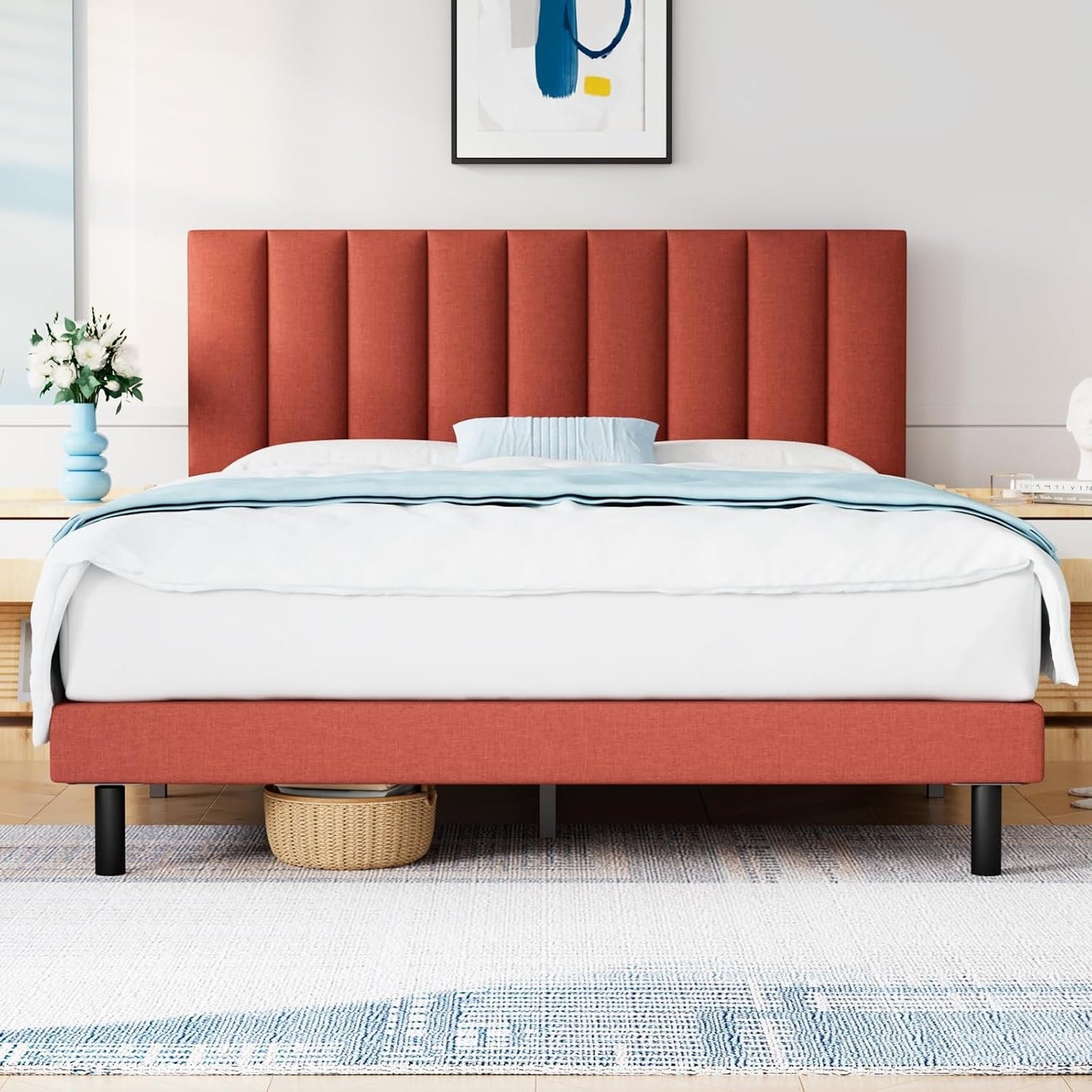 Queen Bed Frames, Rilelola Queen Size Bed Frames with Upholstered Headboard, Easily Assembly Bed Frames with Sturdily Wooden, Not Box Spring, Without Notise Classic Styles(Queen, Orange Red)