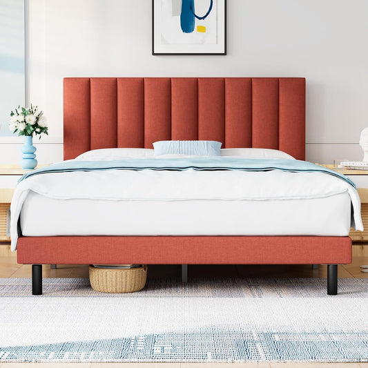 Queen Bed Frames, Rilelola Queen Size Bed Frames with Upholstered Headboard, Easily Assembly Bed Frames with Sturdily Wooden, Not Box Spring, Without Notise Classic Styles(Queen, Orange Red)