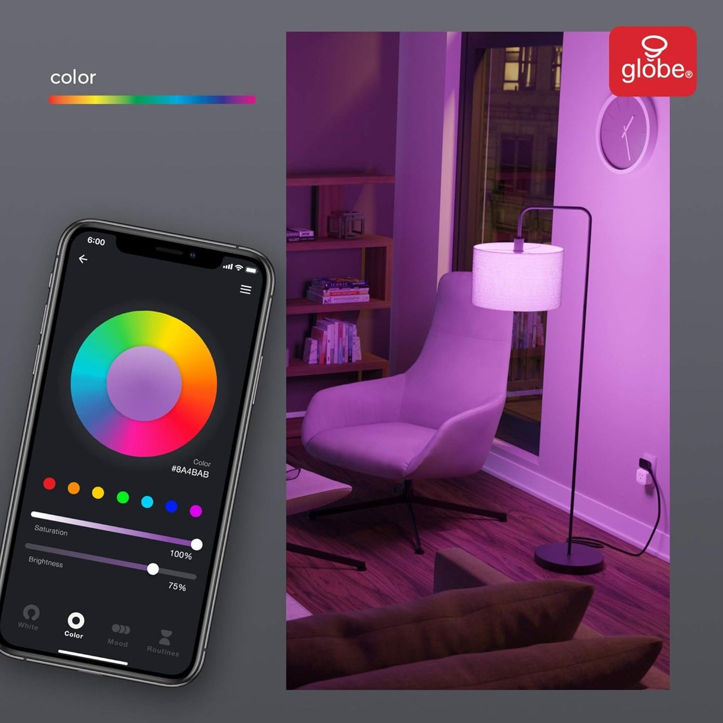 Globe Electric 34869 Wi-Fi Smart 6.5 Watt (50W Equivalent) Multicolor Changing RGB Tunable White LED Light Bulb, No Hub Required, Voice Activated, 2000K - 5000K, Energy Star, PAR20 Shape, E26 Base