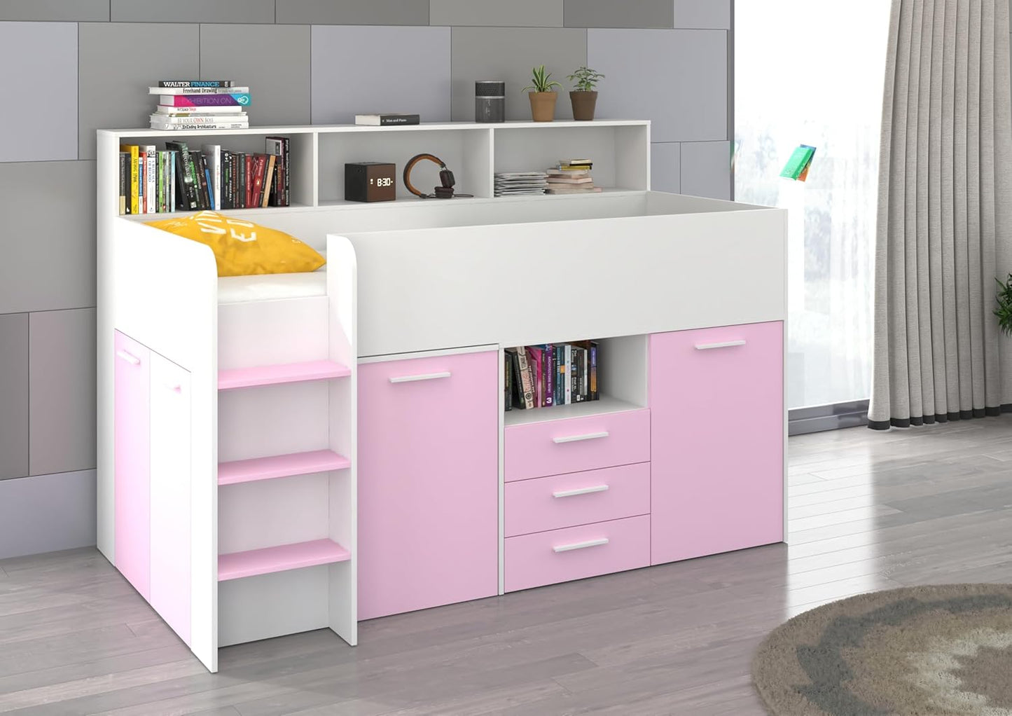 BIM Furniture NEO L Children's Furniture Bunk Bed Set Children's Bedroom Furniture One Bed with Desk, Shelves, Drawers: Left Side (White/Lavender)