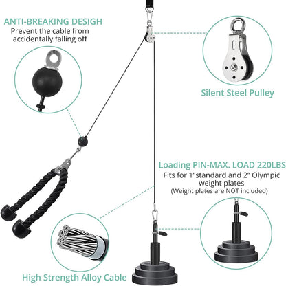 Fitness Pulley System, Pulley Cable Machine DIY Fitness Home Gym Equipment Workout Accessories with Tricep Rope, LAT Pull Down Bar, Gym Cable for Triceps Extensions, Biceps Curl, Forearm