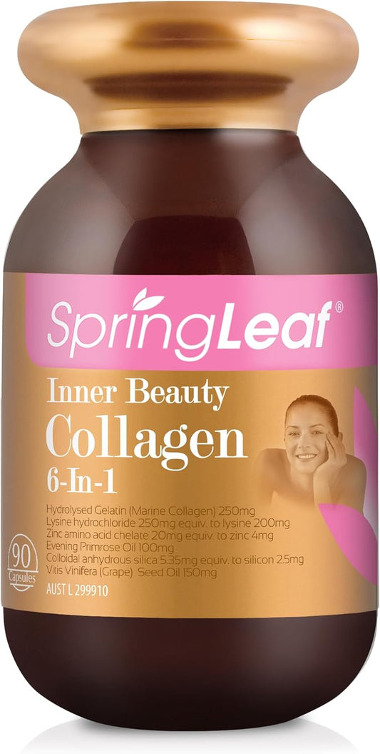Spring Leaf Inner Beauty Collagen 6-In-1 90 Capsules - Hydrolyzed Marine Collagen - Add Grapeseed For Better Antioxidant - Improve Skin Elasticity and Cell Repair