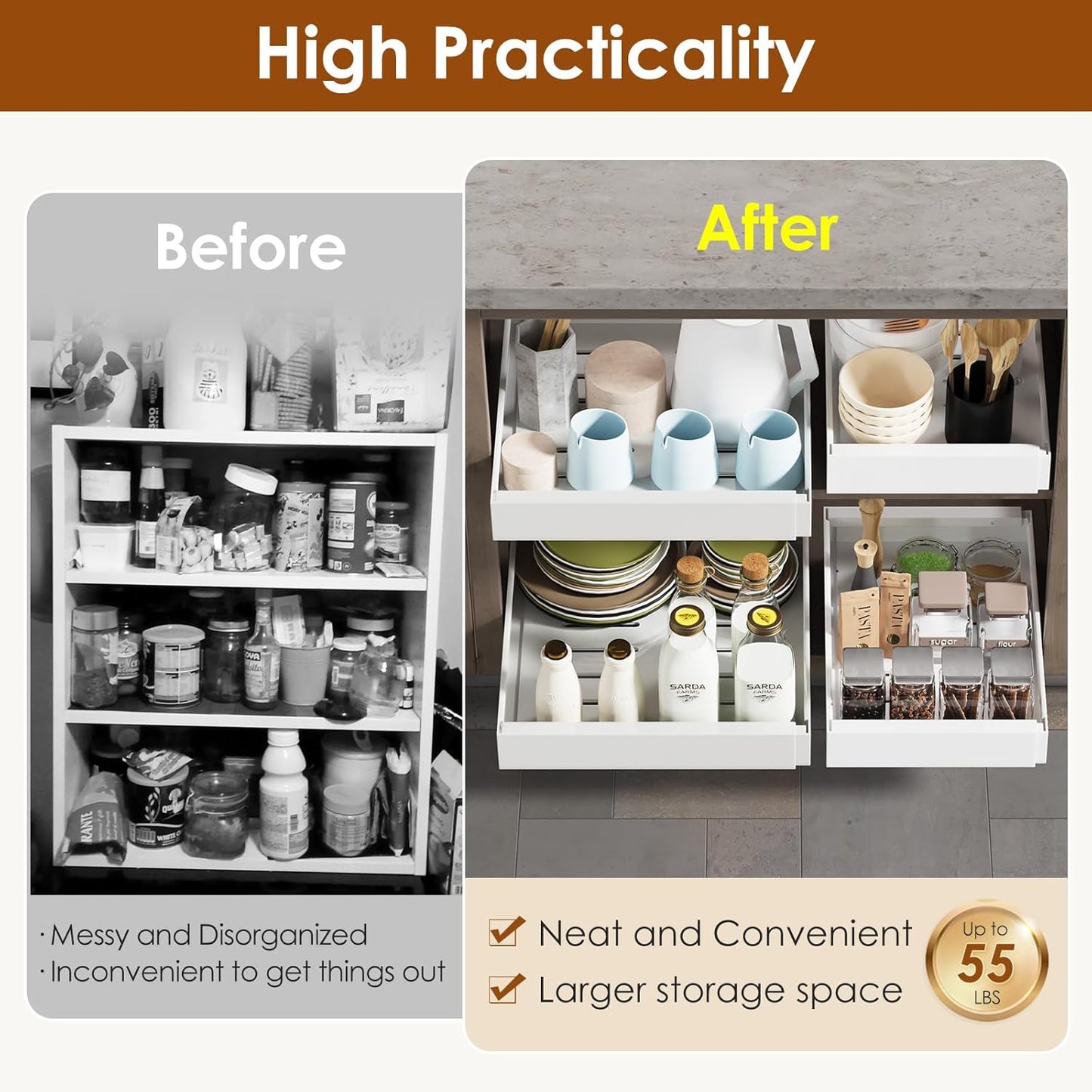 1 Pack Expandable Pull Out Cabinet Organizer 21" Deep, Adjustable Width 12.6"-20.5", No Drill Adhesive with Triple Track Rails, Heavy Duty Slide Out Drawers for Kitchen, Pantry, Cabinets,White