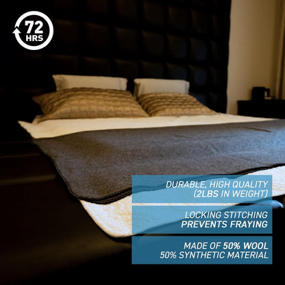 72HRS Wool Blanket, Washable, Durable, Warm, Lock Stitching, 2.0 lbs, 51” x 80”, Autumn, Winter, Survival Kit, Emergency, Recreational Use (50% Wool, 1 Pack)