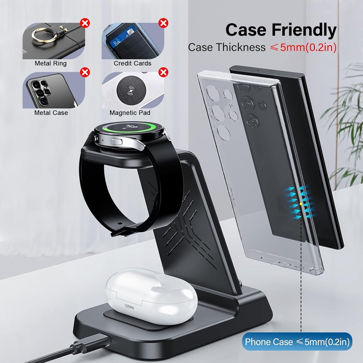 Phelinta 3 in 1 Wireless Charging Station for Samsung S25 Ultra, Wireless Charger for Samsung S25/S24/S23/Note 20/Z Flip 6/Z Fold 6, Charger Station for Galaxy Watch Ultra/7/6/5, Galaxy Buds 3/3 Pro