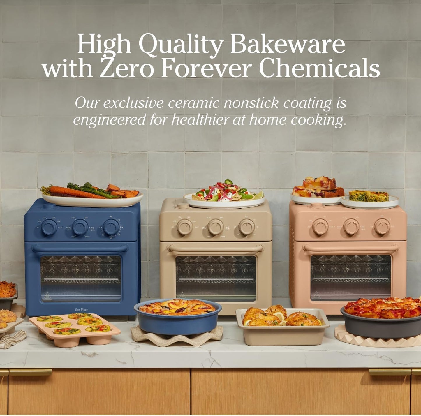 Our Place Wonder Oven Baker’s Kit – 3-Piece Toxin-Free Ceramic Nonstick Bakeware Set (20cm Round, 20cm Square, 6-Cup Muffin Pan) - Oven-Safe up to 232°C - Blue Salt