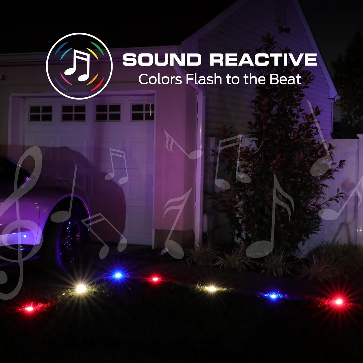 Monster Smart Outdoor Ground Accent RGB+IC+WW LED Lights, 50ft, 15 LEDs, Sound Reactive, Ground Stakes & Wall/Ceiling Mounts, Weather & IP44 Water Resistant, Works with Alexa, Siri, Google Home, App