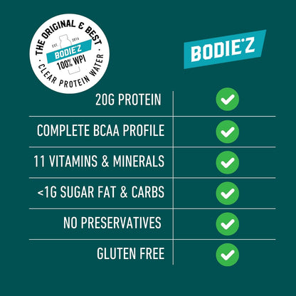 BODIE’Z Whey Protein Water Powder - 20g Protein Per Serve, Less than 1g Sugar Fat and Carbs 11 Vitamins and Minerals, Supplement for Lean Muscle Growth & Recovery, Mix with Water, 290g Mango Passion