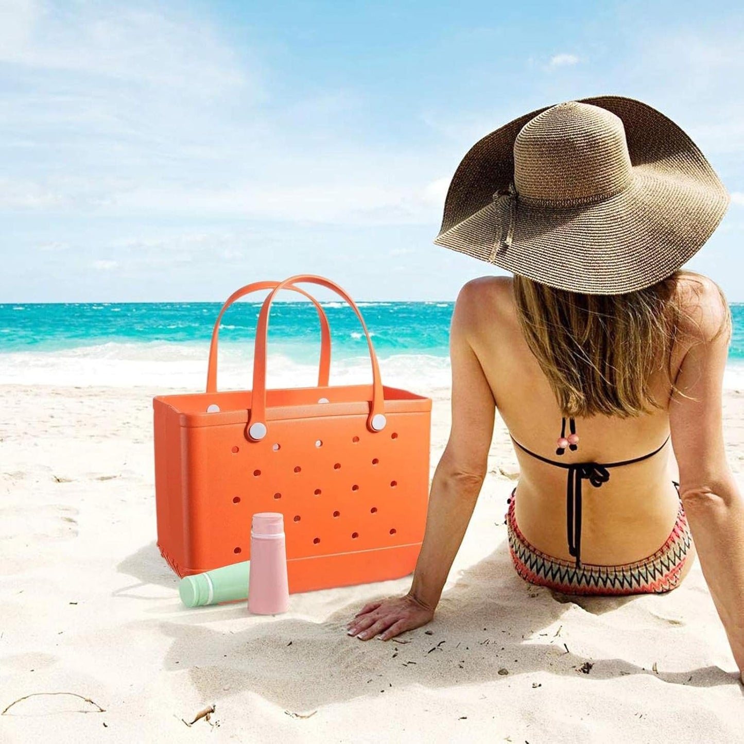 Women Outdoor Rubber Tote Bag,Sports Washable Rubber Tote Bag with Holes | Women's Portable Travel for Beach Sports Swimming Pool (Pure Orange)