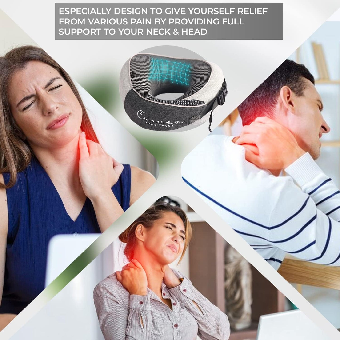 Crowea Neck Pillow - 100% Pure Memory Foam Neck Travel Pillow with 360 Degree Comfortable & Breathable Head and Neck Support, Includes Updated Luxury Bag & Earplugs for Airplane, Car (Black & Grey)