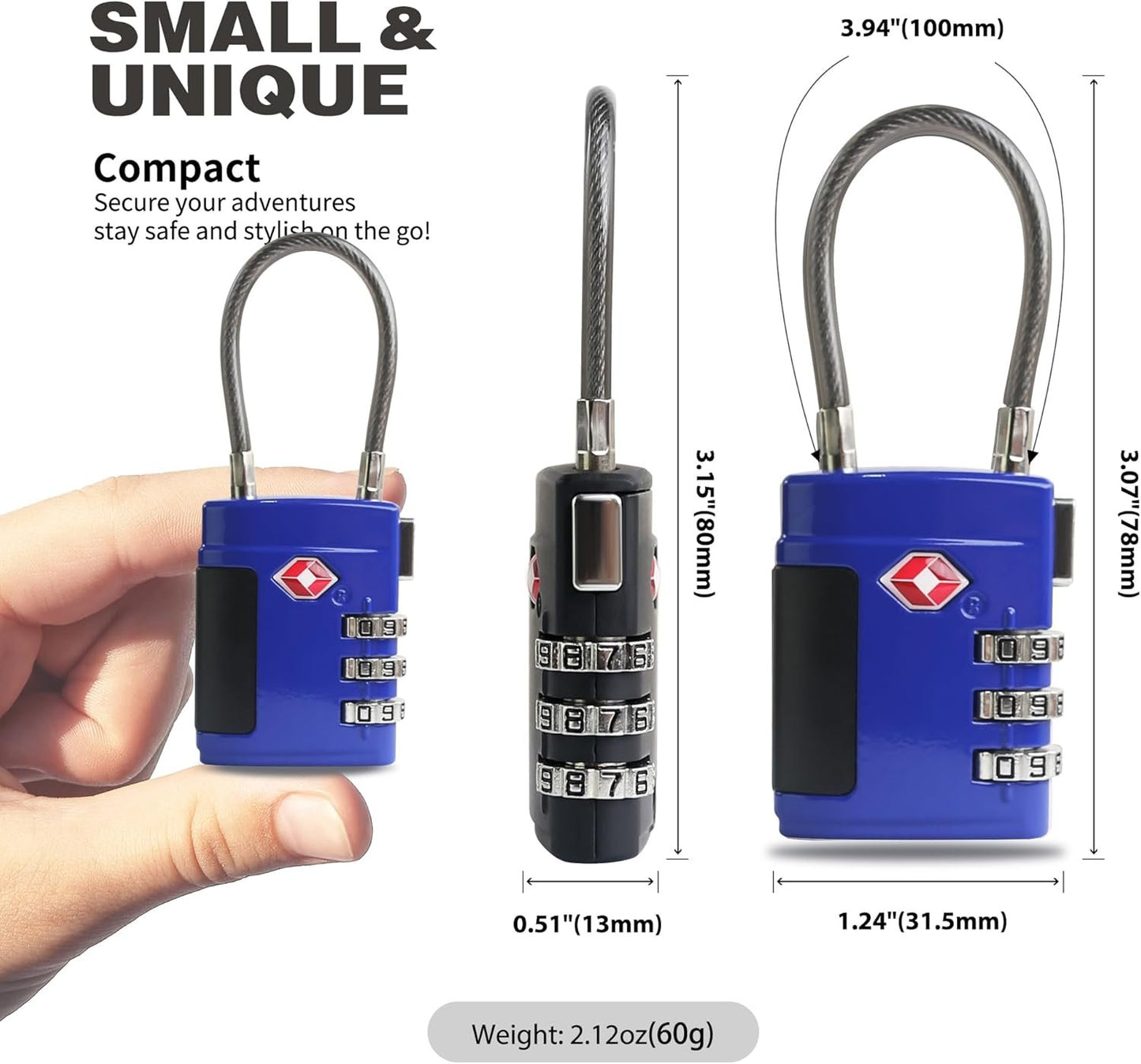UP Security TSA Locks for Luggage, Small Padlock Combination, Luggage Locks TSA Approved, Combo Padlocks with Cable for Suitcase, Gym Locker, Backpack, Gun Case, Bag Zipper, Tool Box (Black+Blue)