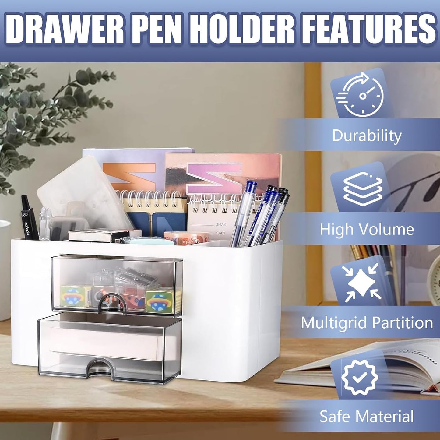 Desk Organizer with 2 Drawers, Plastic Pen Holder for Desktop Storage, Cute Desk Accessories Organizer for School, Home, Office Supplies (White)