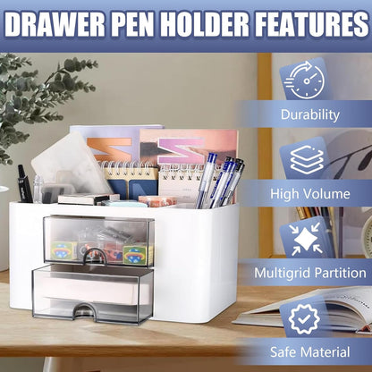 Desk Organizer with 2 Drawers, Plastic Pen Holder for Desktop Storage, Cute Desk Accessories Organizer for School, Home, Office Supplies (White)