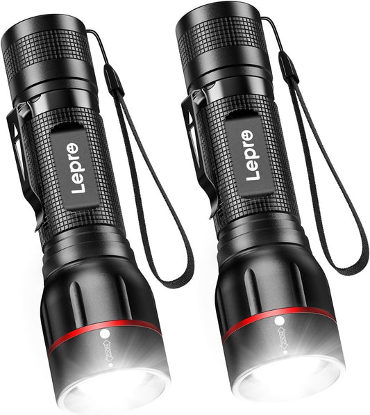 Lepro Tactical Flashlight, Led Flashlight Gifts for Men, 5 Lighting Modes Flashlights, Zoomable, Waterproof, Powered by 3 AAA Batteries, Rechargeable Flashlight for Camping Emergency 2Pack