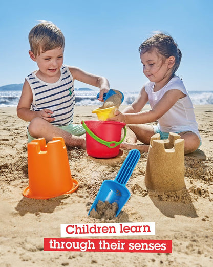 Hape 5-in-1 Kids Beach Toys Set Includes Two Sand Shovels, a Bucket and a Water Scoop |Multicolor | for Kids 18 Months and Older