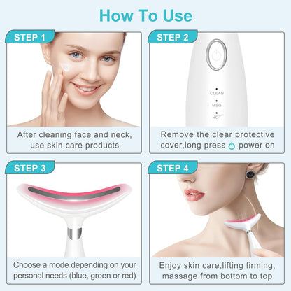 Neck Face Beauty Device, Skin Care Face Massager, 3 in 1 Facial Massage Tool with Heating & Vibration, White