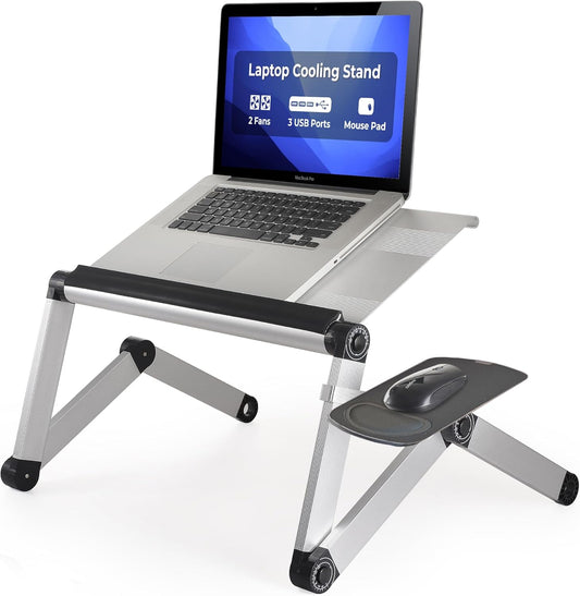 WorkEZ Cooling Adjustable Laptop Stand for Desk w/Fan USB Ports Mouse Pad Ergonomic Foldable Laptop Stand Portable Computer Stand Laptop Riser, Silver