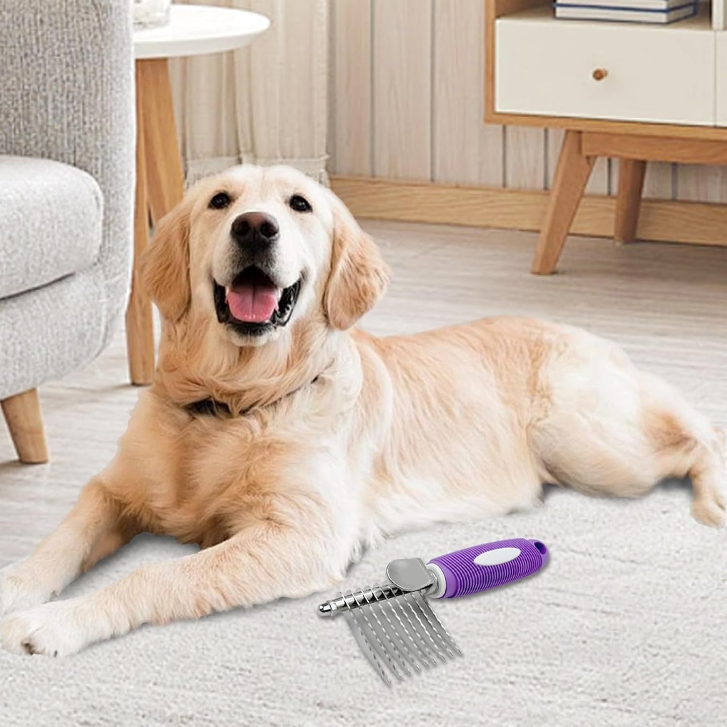 Detangling Pet Comb for Dog & Cat, Grooming Comb with Long & Short Stainless Steel Teeth, Safely Remove Knots & Tangles for Healthy Shiny Coat, Gentle Effective Detangling Tool for Pet Hair (Violet)