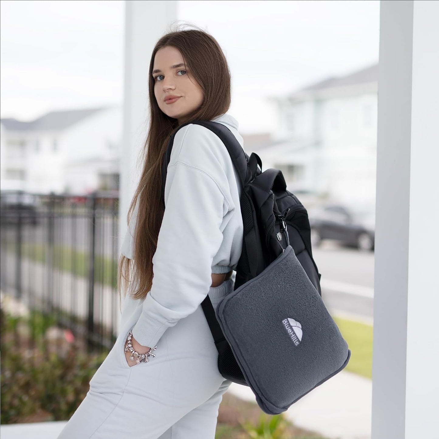 BlueHills Premium Soft Travel Blanket Pillow Airplane Flight Blanket throw in Soft Bag Pillow case with Hand Luggage Belt and Backpack Clip Compact Pack Large Blanket for Travel Grey Color (Gray T007)