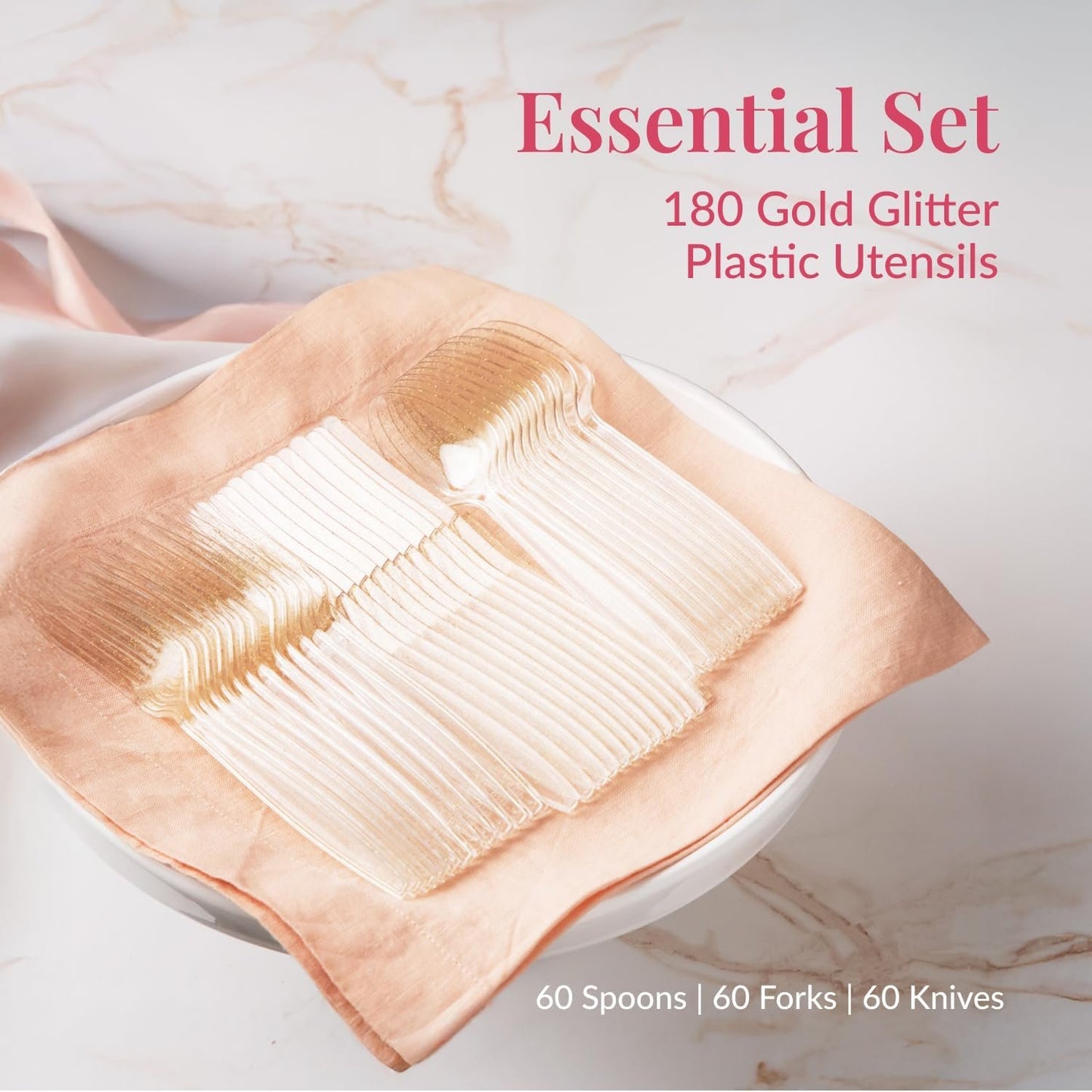 180-Piece Gold Plastic Silverware Set (60 Forks, Spoons, Knives) - Glitter Gold Cutlery - Glitter Clear Plastic Cutlery Set - Disposable Silverware Flatware - Fancy Party Utensils
