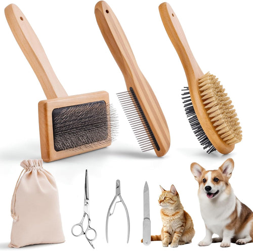 ElighMoo Dog Grooming Brush Kit,Deshedding Dog Brush for Shedding Short Hair Dogs with Pet Nail Clipper and File, Two Sided Pet Brushes for Dogs Removing Dirt & Loose Hair(7PCS) BLACK