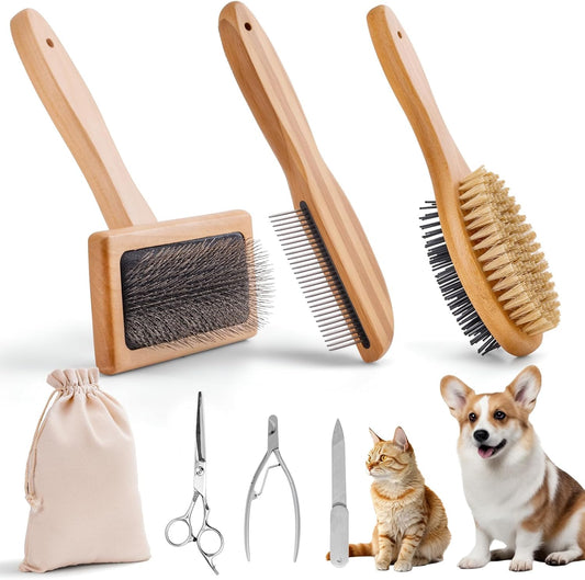 ElighMoo Dog Grooming Brush Kit,Deshedding Dog Brush for Shedding Short Hair Dogs with Pet Nail Clipper and File, Two Sided Pet Brushes for Dogs Removing Dirt & Loose Hair(7PCS) BLACK