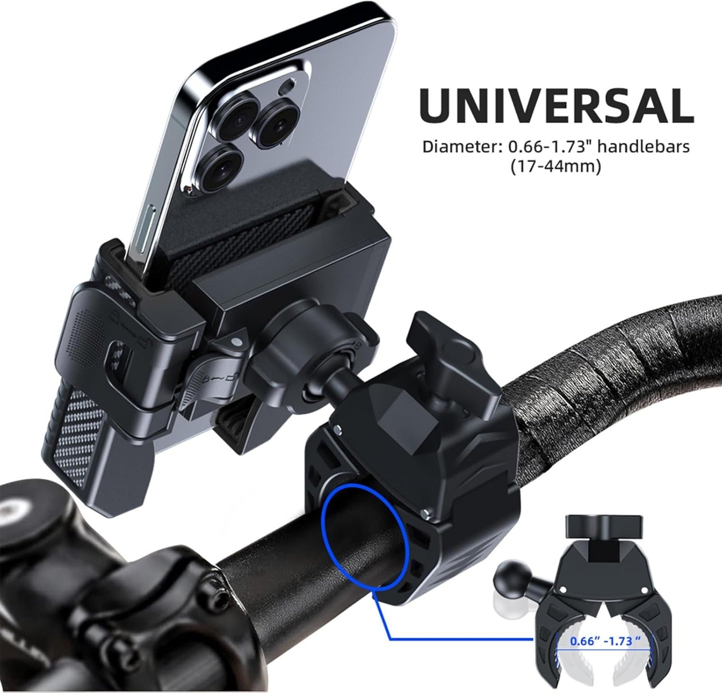 Motorcycle Phone Mount Holder - Camera Friendly、1s Lock Bike Phone Holder Handlebar Clamp, Bicycle Scooter Phone Clip, for iPhone 16 Pro Max, 15 14, 2.68~3.86" Wide Phones (Black)