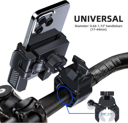 Motorcycle Phone Mount Holder - Camera Friendly、1s Lock Bike Phone Holder Handlebar Clamp, Bicycle Scooter Phone Clip, for iPhone 16 Pro Max, 15 14, 2.68~3.86" Wide Phones (Black)